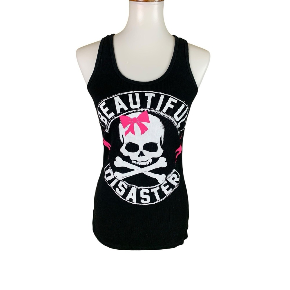 Beautiful Disaster Skull Graphic Ribbed Tank Top Edgy Biker Y2K Goth XXL